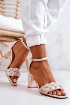 Skórzane Sandały Na Słupku Beżowe Lorelei