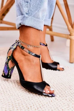 Skórzane Sandały Na Słupku Laura Messi 1916 Wzór Zwierzęcy Czarne