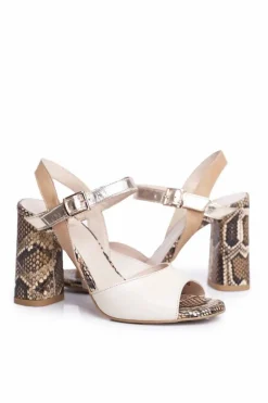 Skórzane Sandały Na Słupku Laura Messi 2136 Złoto Beżowe