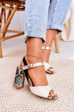 Skórzane Sandały Na Słupku Laura Messi 2136 Złoto Czarne