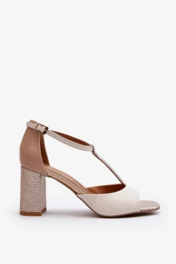 Skórzane Sandały Na Słupku Laura Messi 2759 Beżowe