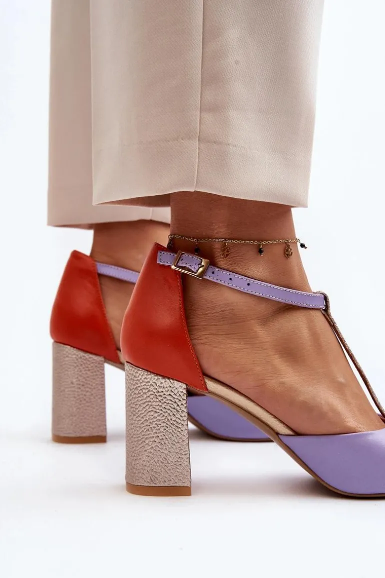 Skórzane Sandały Na Słupku Laura Messi 2759 Fioletowe