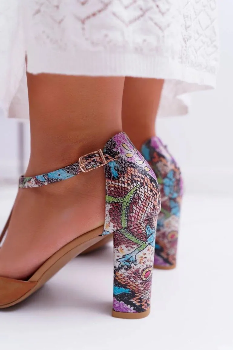 Skórzane Sandały Na Słupku Laura Messi 1916 Wzór Zwierzęcy Brązowe