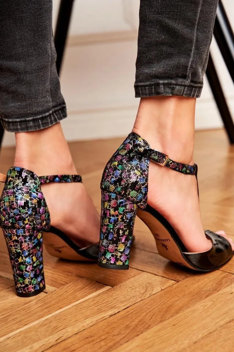 Skórzane Sandały Na Słupku Laura Messi 1916 Lakierowane Czarne