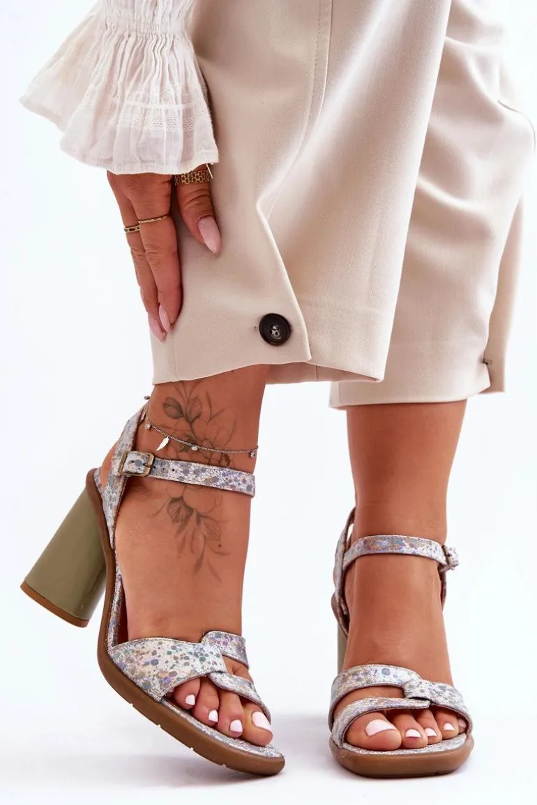 Skórzane Sandały Na Słupku Maciejka 06029-24 Biało-Zielone