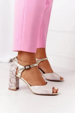 Skórzane Sandały Na Słupku Maciejka 04956-25 Złote