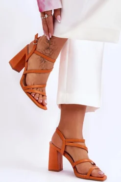 Skórzane Sandały Na Słupku Pomarańczowe Florentina