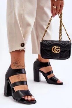 Skórzane Sandały Na Słupku S.Barski 80-4 Czarne