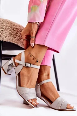 Skórzane Sandały Na Słupku Srebrne Corane