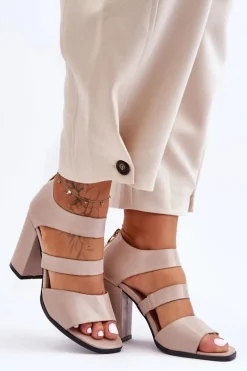 Skórzane Sandały Na Słupku S.Barski 80-4 Beżowe