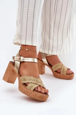 Skórzane Sandały Na Słupku Z Plecionką Na Paskach Zazoo 40460 Złote