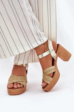 Skórzane Sandały Na Słupku Z Plecionką Na Paskach Zazoo 40460 Złote