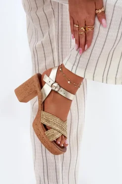 Skórzane Sandały Na Słupku Z Plecionką Na Paskach Zazoo 40460 Złote