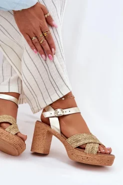 Skórzane Sandały Na Słupku Z Plecionką Na Paskach Zazoo 40460 Złote