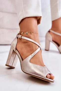 Skórzane Sandały Na Słupku Złote Lorita