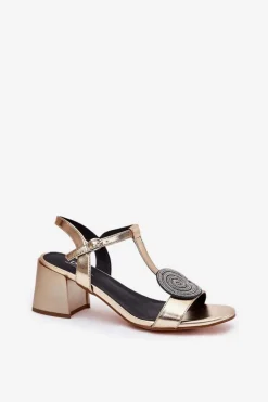 Skórzane Sandały Na Słupku Z Ozdobą D&A JC51-842 Złote