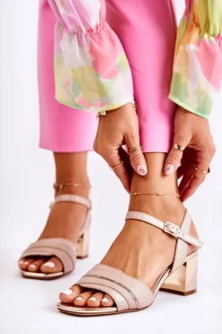 Skórzane Sandały Na Słupku Złoty Beż Corane