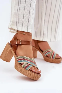 Skórzane Sandały Na Słupku Z Plecionką Na Paskach Zazoo 40460 Brązowe