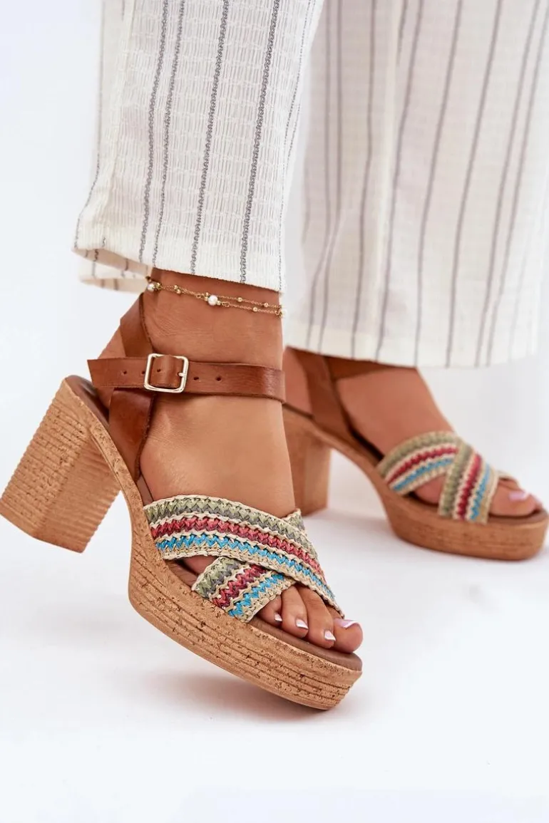 Skórzane Sandały Na Słupku Z Plecionką Na Paskach Zazoo 40460 Brązowe