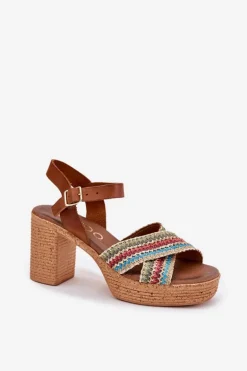 Skórzane Sandały Na Słupku Z Plecionką Na Paskach Zazoo 40460 Brązowe