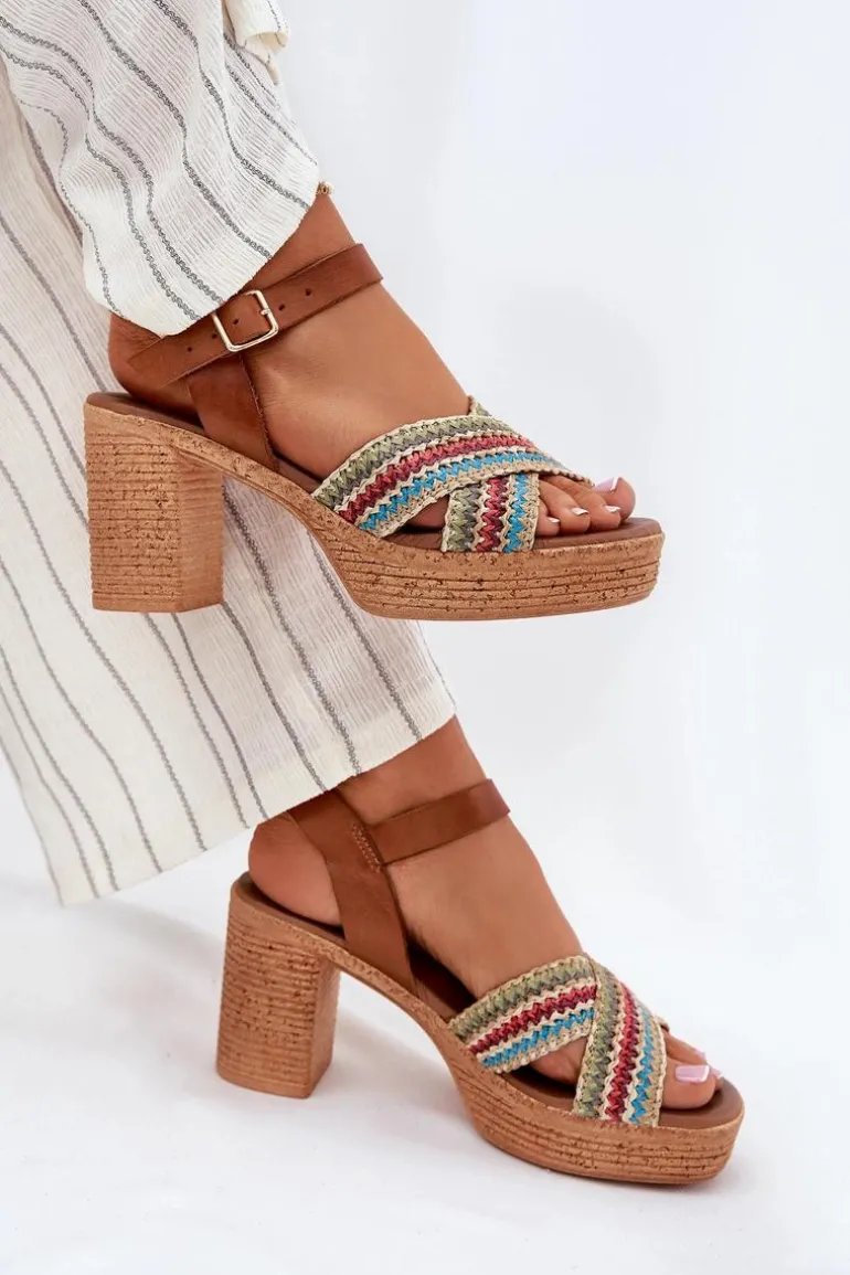 Skórzane Sandały Na Słupku Z Plecionką Na Paskach Zazoo 40460 Brązowe