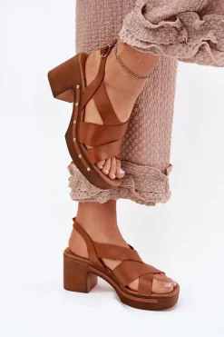 Skórzane Sandały Na Słupku Zazoo 1081 Brązowe