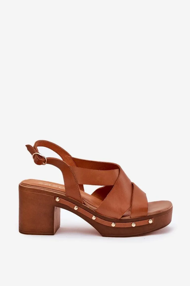 Skórzane Sandały Na Słupku Zazoo 1081 Brązowe