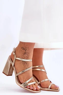Skórzane Sandały Na Słupku Złote Florentina