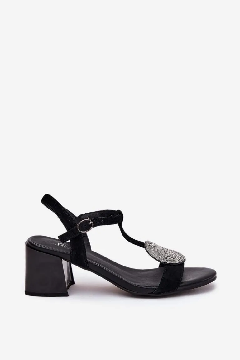 Skórzane Sandały Na Słupku Z Ozdobą D&A JC51-842 Czarne