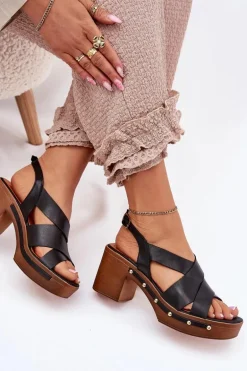 Skórzane Sandały Na Słupku Zazoo 1081 Czarne