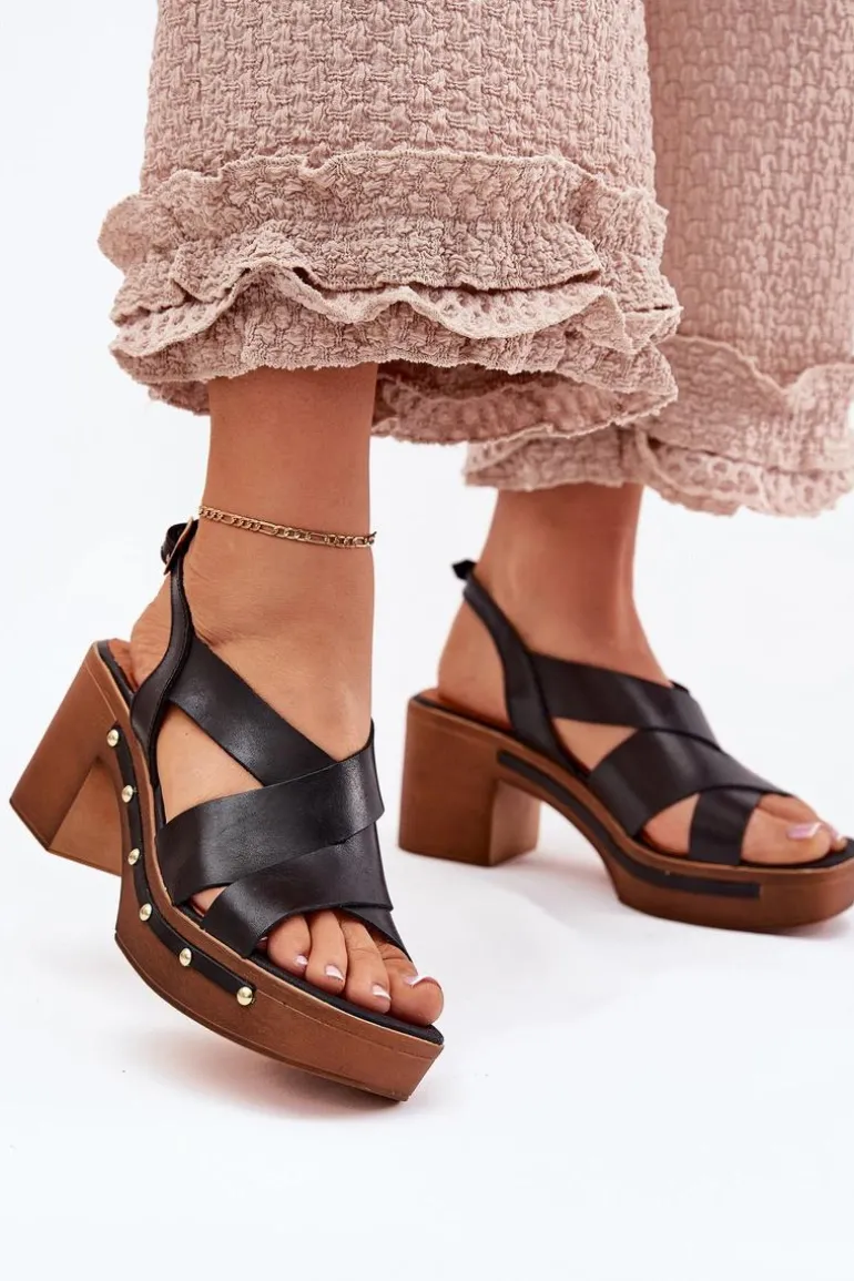 Skórzane Sandały Na Słupku Zazoo 1081 Czarne