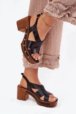 Skórzane Sandały Na Słupku Zazoo 1081 Czarne