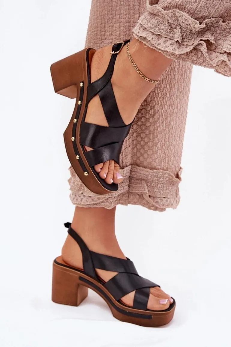 Skórzane Sandały Na Słupku Zazoo 1081 Czarne