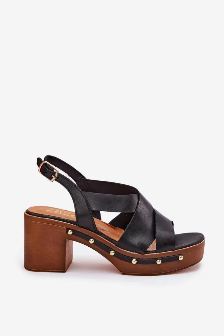 Skórzane Sandały Na Słupku Zazoo 1081 Czarne