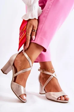 Skórzane Sandały Na Słupku Złote Damess