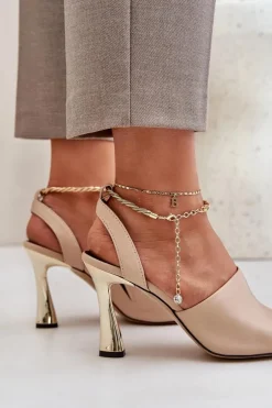 Skórzane Sandały Na Szpilce Z Ozdobną Bransoletą CheBello 4440 Beżowe
