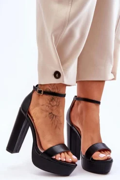 Skórzane Sandały Na Wysokim Słupku I Platformie Czarne Sky Dream