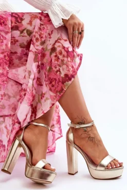 Skórzane Sandały Na Wysokim Słupku I Platformie Złote Sky Dream