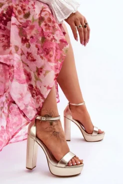 Skórzane Sandały Na Wysokim Słupku I Platformie Złote Sky Dream