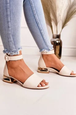 Skórzane Sandały Na Złotym Obcasie Laura Messi 2143 Beżowe