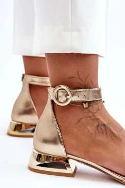 Skórzane Sandały Na Złotym Obcasie Laura Messi 2143 Złote