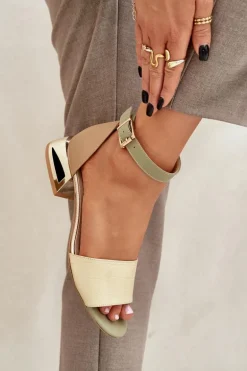 Skórzane Sandały Na Złotym Obcasie Laura Messi 2143 Beżowe