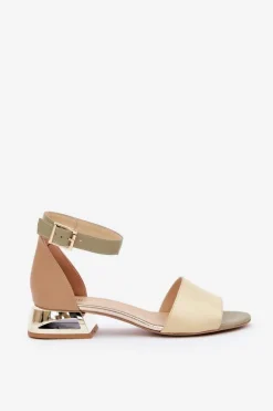 Skórzane Sandały Na Złotym Obcasie Laura Messi 2143 Beżowe