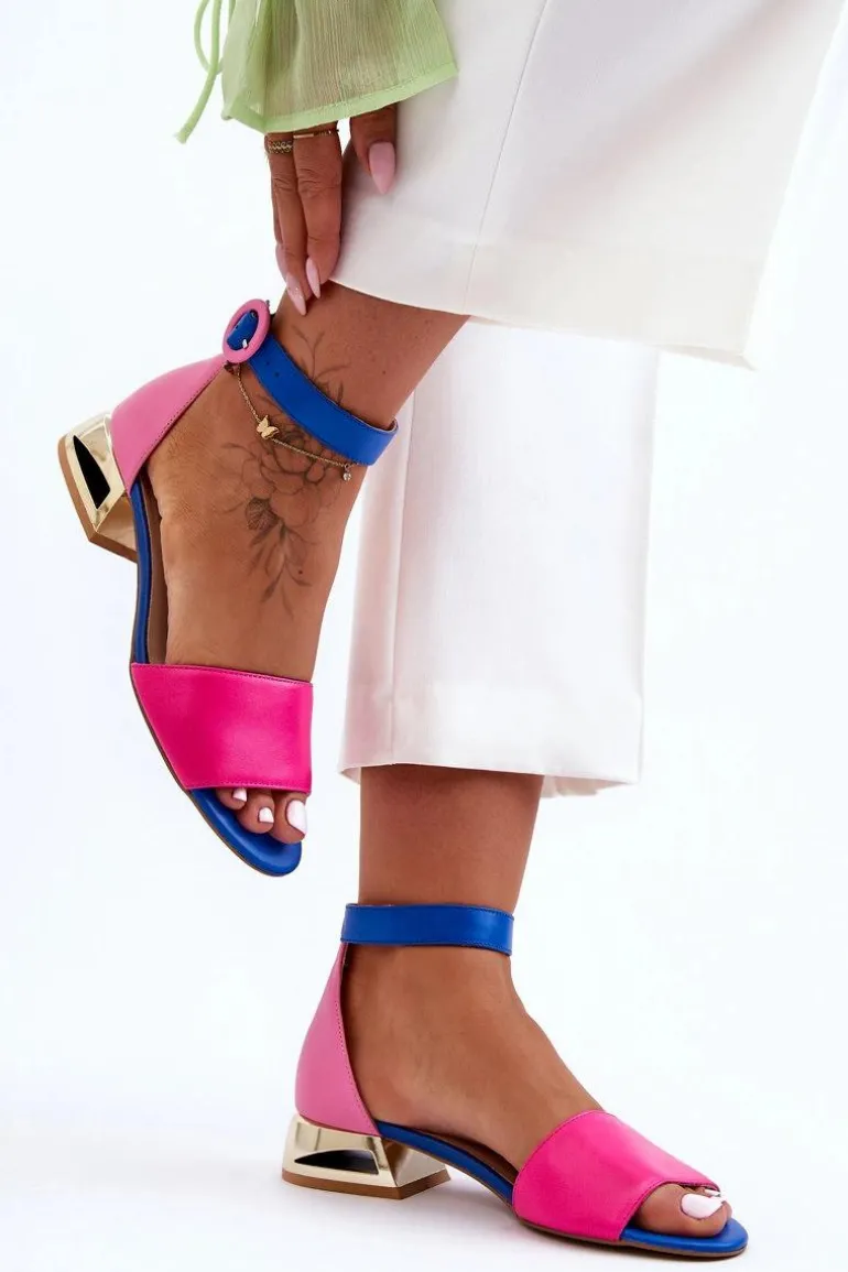 Skórzane Sandały Na Złotym Obcasie Laura Messi 2143 Różowo-Niebieskie