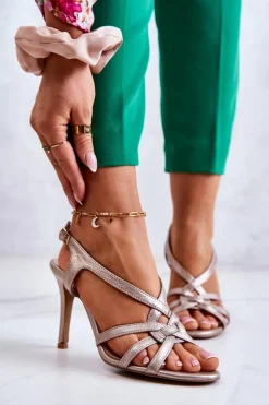 Skórzane Sandały Szpilki Laura Messi 2002 Beżowo-Złote