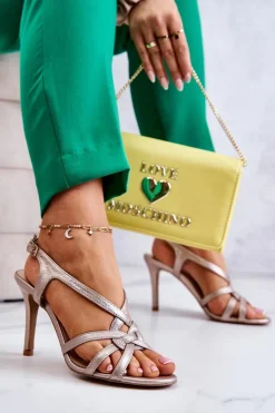 Skórzane Sandały Szpilki Laura Messi 2002 Beżowo-Złote