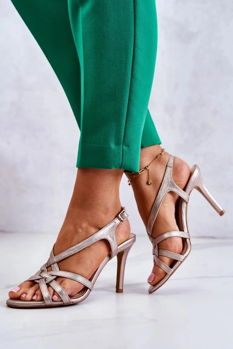 Skórzane Sandały Szpilki Laura Messi 2002 Beżowo-Złote