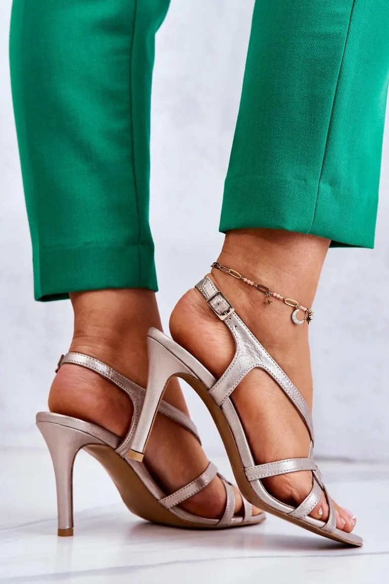 Skórzane Sandały Szpilki Laura Messi 2002 Beżowo-Złote