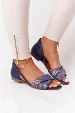 Skórzane Sandały W Kwiatki Maciejka 04614-43 Granatowe