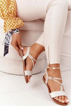 Skórzane Sandały Z Cyrkoniami S.Barski 5541 Beżowe